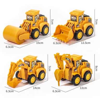 Set of colorful kids' push-and-go construction vehicles, includes dump truck, excavator, and mixer