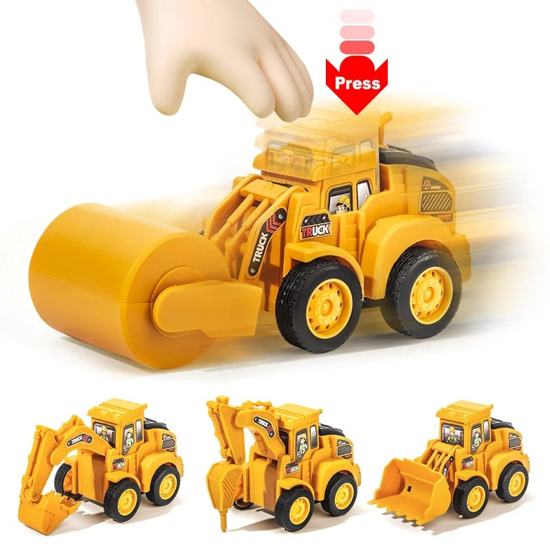 Toddler playing with a red push-and-go toy bulldozer on a playmat, developmental toy