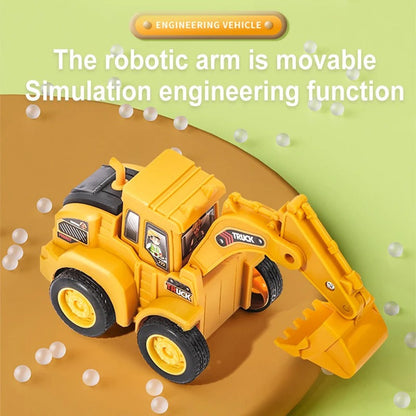 Child's hand pushing a yellow toy excavator, promoting motor skills with construction toy