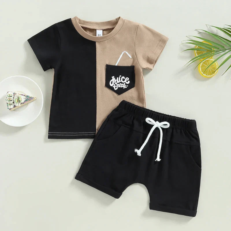 Two-piece kids apparel: a short-sleeve top and shorts in airy cotton, great for warm weather.