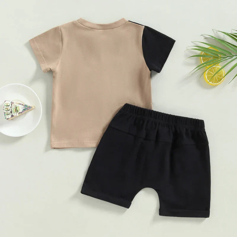 Toddler cotton shorts set for boys, an easy-care and comfortable summer outfit, front view.