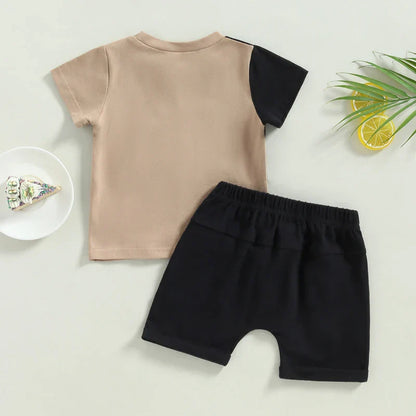 Toddler cotton shorts set for boys, an easy-care and comfortable summer outfit, front view.