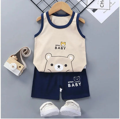 Children's unisex blue summer outfit, great for active kids and warm weather, easy care.