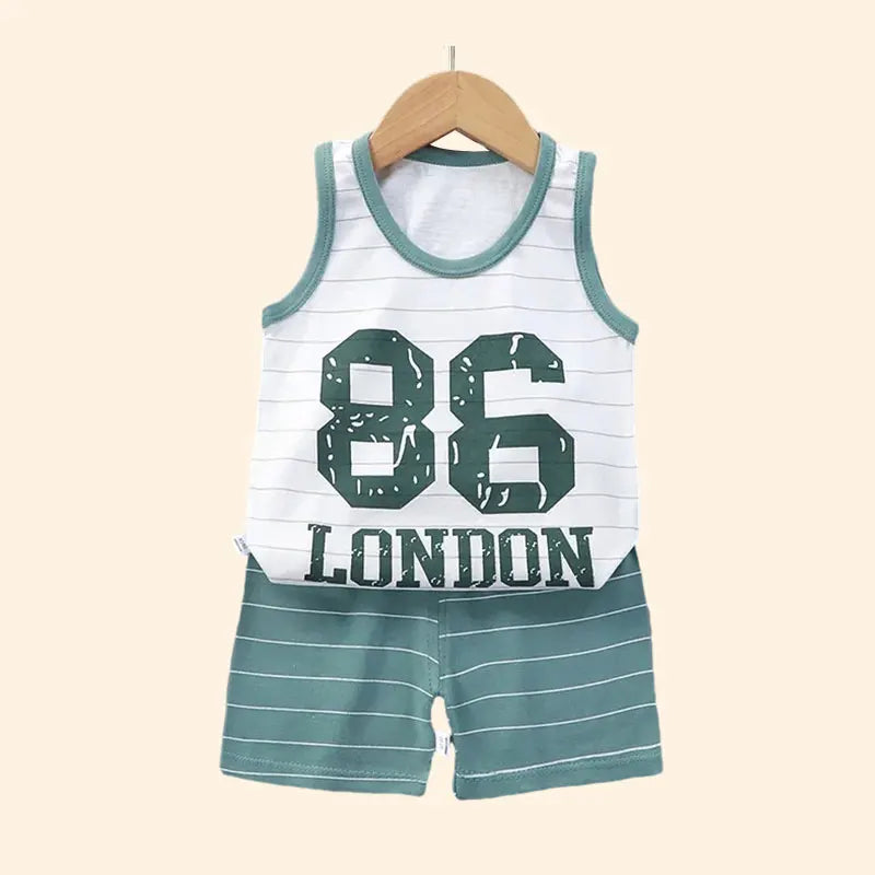 Unisex kids' blue activewear set made from soft cotton blend, ideal for warm weather play.
