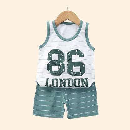 Unisex kids' blue activewear set made from soft cotton blend, ideal for warm weather play.