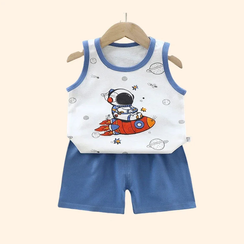 Toddler in a comfortable, breathable blue cotton sports outfit, designed for summer activities.