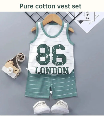 Kids' blue summer outfit by the pool, emphasizing its quick-drying and breathable qualities.