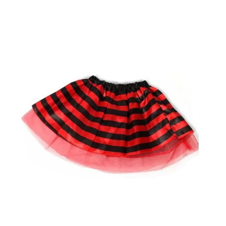 Overhead view of a girl's bee costume laid out, highlighting the full skirt of the tutu and the delicate structure of the wings.