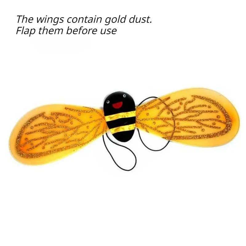 Kids party outfit: adorable girl's bee costume with a layered yellow and black tutu and glittery, translucent wings.