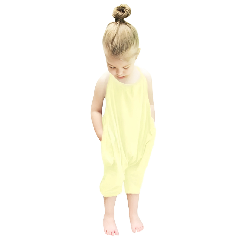 Close-up of the backless detail and soft fabric of a girl's summer harem jumpsuit