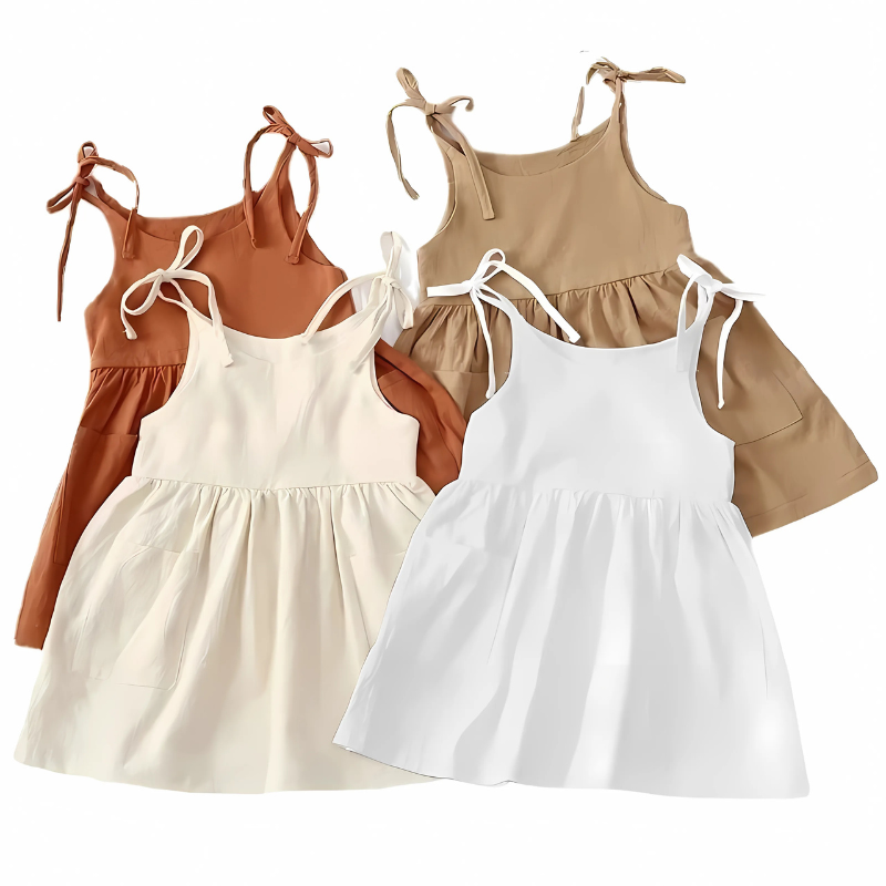 Young girl wearing a breezy floral cotton summer dress, perfect for playtime.