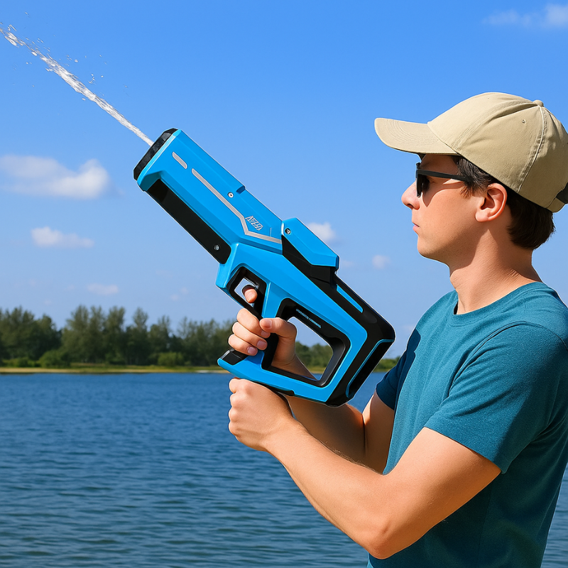 Youth holding electric water blaster, perfect for summer outdoor fun and backyard games.