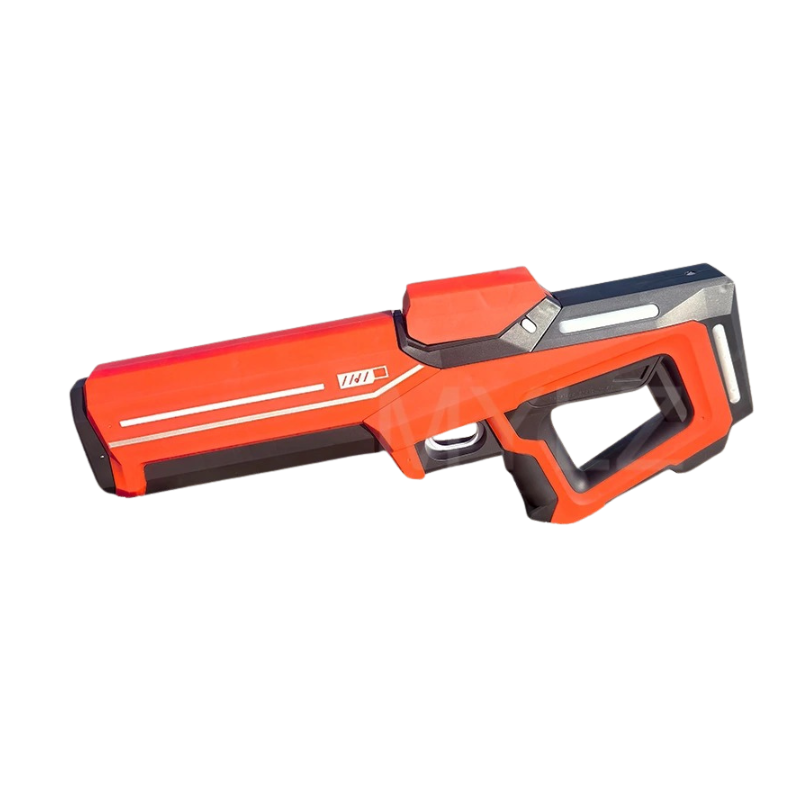Detail of the electric water blaster's nozzle, emphasizing its long range for active play.